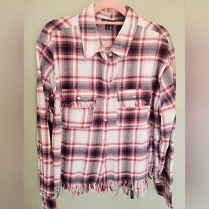 Sabrina Lauren Plaid Flannel Fringe Hem Shacket Shirt Jacket